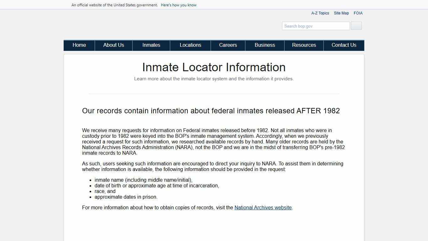 BOP: About Federal Inmate Records